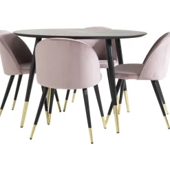 Pyöreä ruokailuryhmä Venture Home, Ø115cm musta Dipp-pöytä + 4 vaaleanpunaista Velvet-tuolia