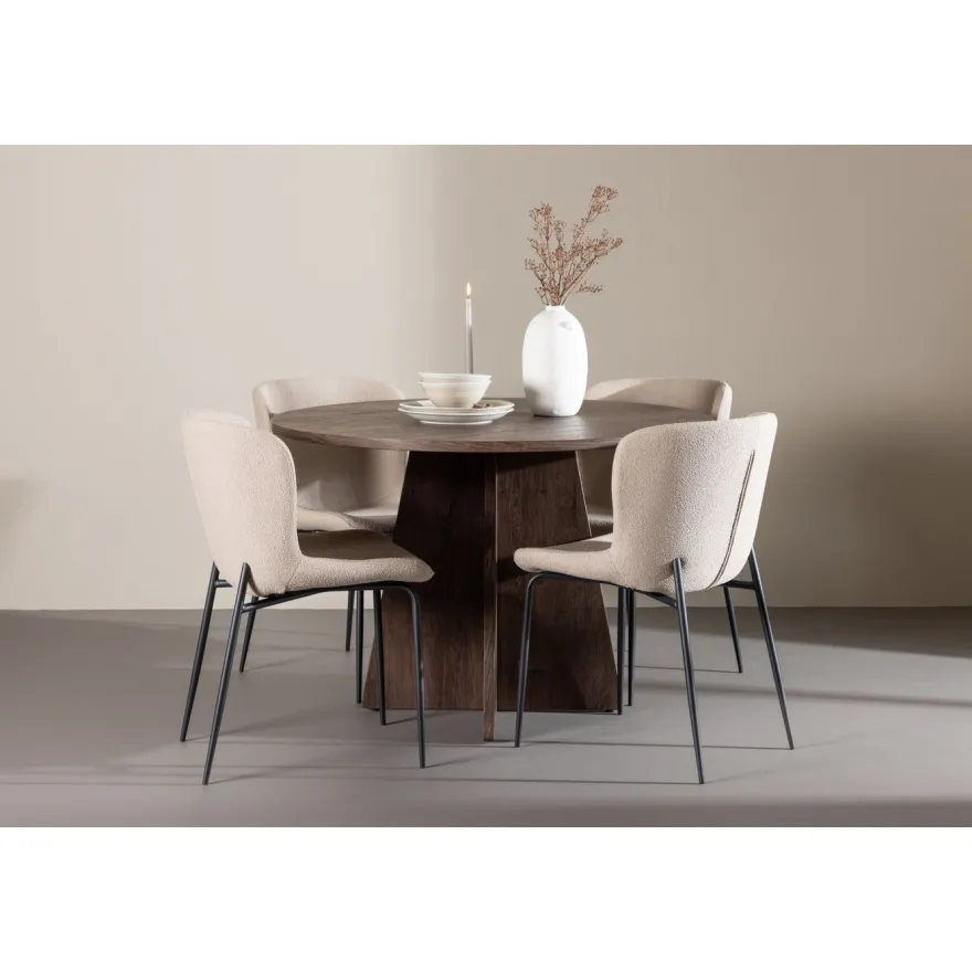 Pyöreä ruokailuryhmä Venture Home, Ø110cm ruskea Bootcut-pöytä + 4 beigeä Modesto-tuolia, bouclé