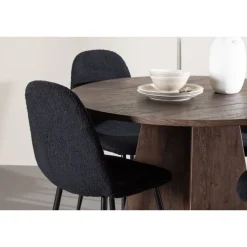 Pyöreä ruokailuryhmä Venture Home, Ø110cm ruskea Bootcut-pöytä + 4 mustaa Polar-tuolia, teddy