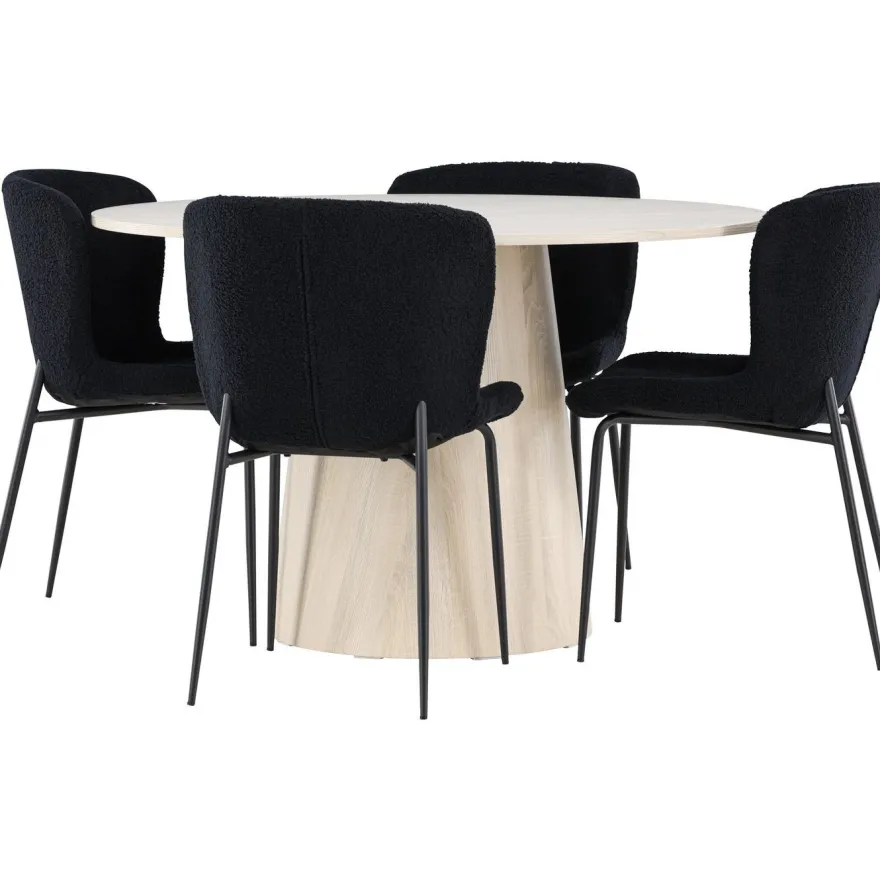 Pyöreä ruokailuryhmä Venture Home, Ø120cm vaalea Lanzo-pöytä + 4 mustaa Modesto-tuolia, teddy