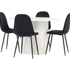 Pyöreä ruokailuryhmä Venture Home, Ø110cm valkoinen Härön-pöytä + 4 Polar-tuolia, sametti