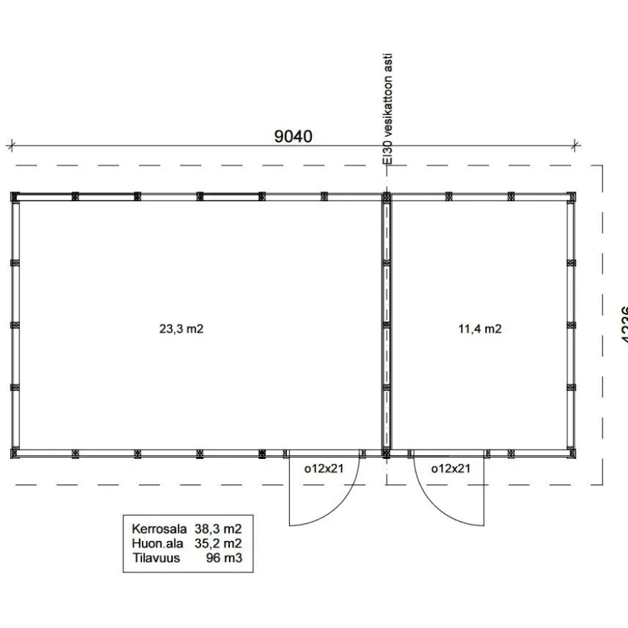 Roskakatos Aarni RK38V, 9040x4236mm, 38.3m², puuvalmis