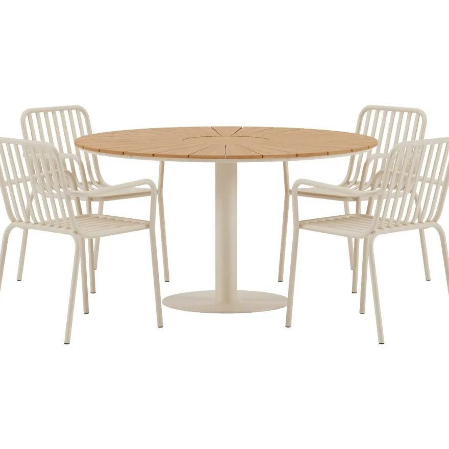 Ruokailuryhmä ulos Venture Home, beige Croft-pöytä Ø120cm + 4 beigeä Peking-tuolia
