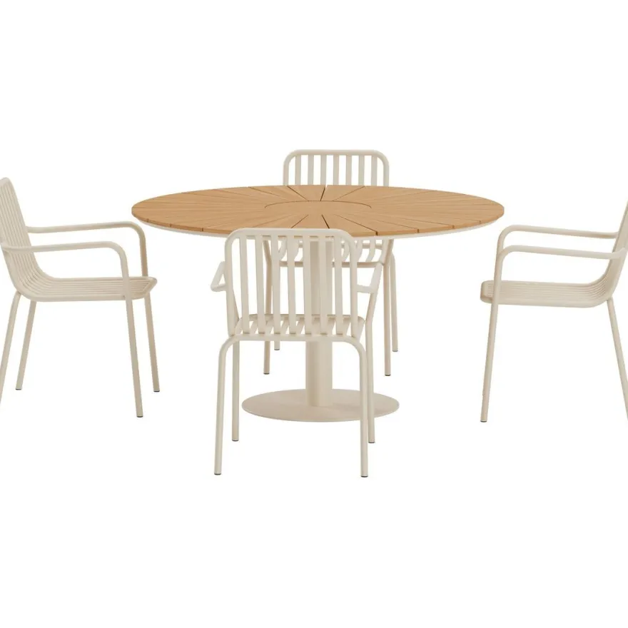Ruokailuryhmä ulos Venture Home, beige Croft-pöytä Ø120cm + 4 beigeä Peking-tuolia