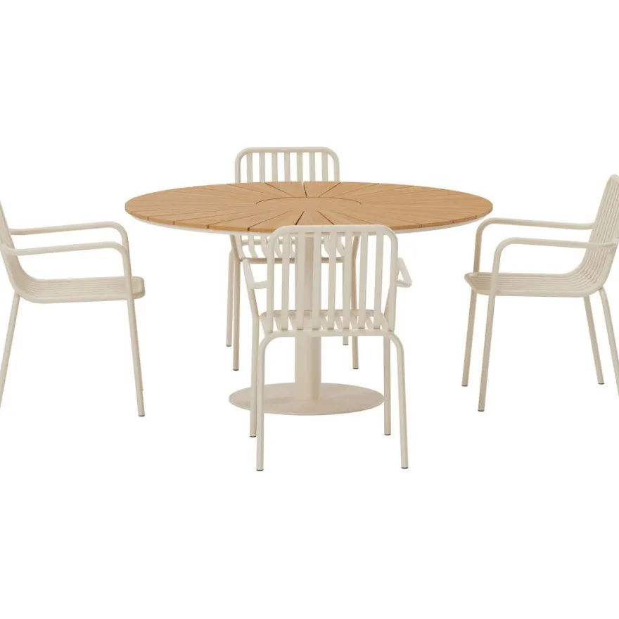 Ruokailuryhmä ulos Venture Home, beige Croft-pöytä Ø120cm + 4 beigeä Peking-tuolia