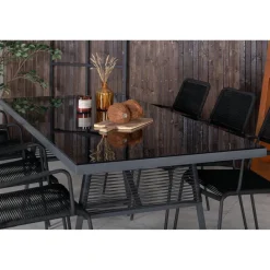 Ruokailuryhmä ulos Venture Home, Dallas-pöytä 193x90cm + 6 mustaa mustaa Lindos-tuolia