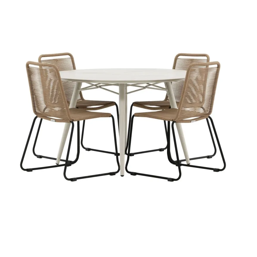 Ruokailuryhmä Venture Home, ø120cm, beige Lina-pöytä + 4 pinottavaa Lindos-tuolia