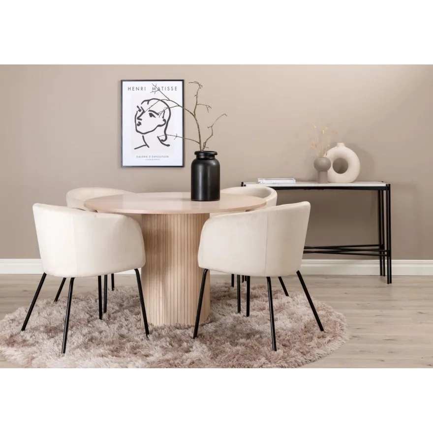 Ruokailuryhmä Venture Home, ⌀110cm Bianca-pöytä + 4 Berit-tuolia, sametti