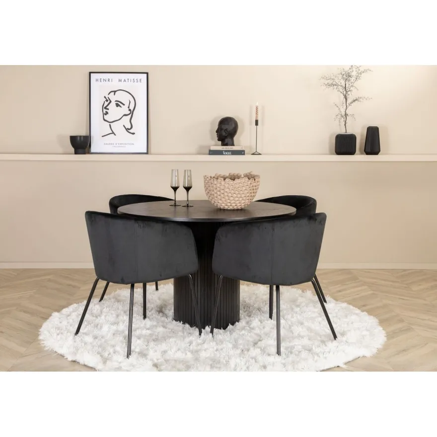 Ruokailuryhmä Venture Home, ⌀110cm Bianca-pöytä + 4 Berit-tuolia, sametti