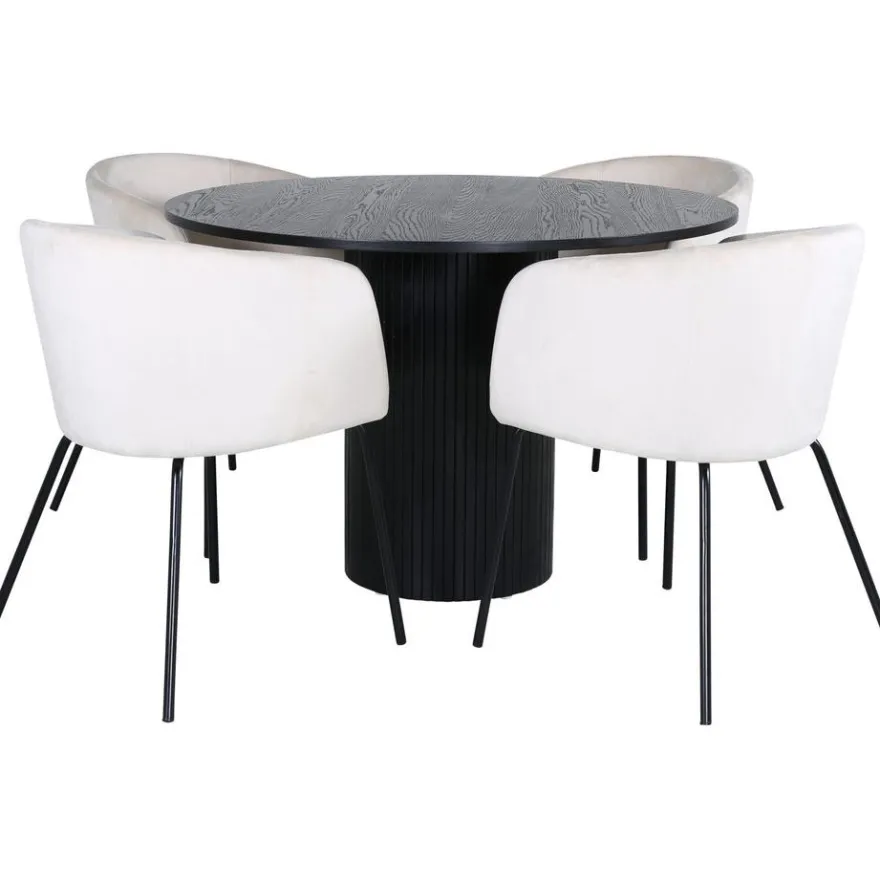 Ruokailuryhmä Venture Home, ⌀110cm Bianca-pöytä + 4 Berit-tuolia, sametti