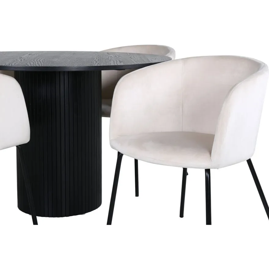 Ruokailuryhmä Venture Home, ⌀110cm Bianca-pöytä + 4 Berit-tuolia, sametti