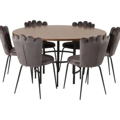 Ruokailuryhmä Venture Home, ⌀140cm Copenhagen-pöytä + 6 harmaata Limhamn-tuolia, sametti