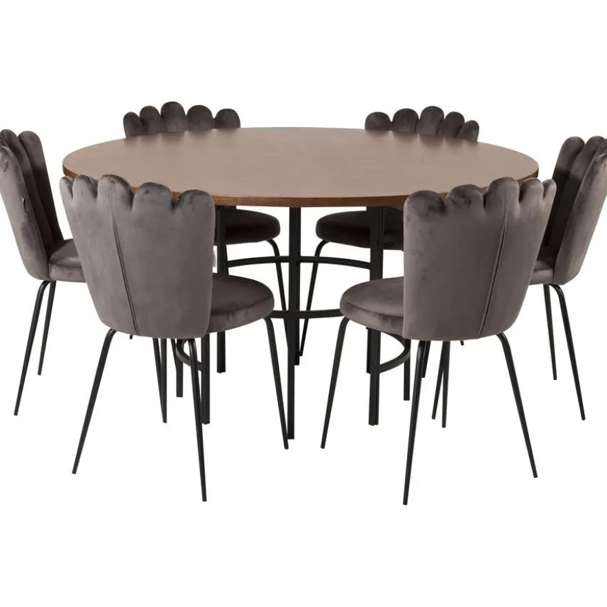 Ruokailuryhmä Venture Home, ⌀140cm Copenhagen-pöytä + 6 harmaata Limhamn-tuolia, sametti