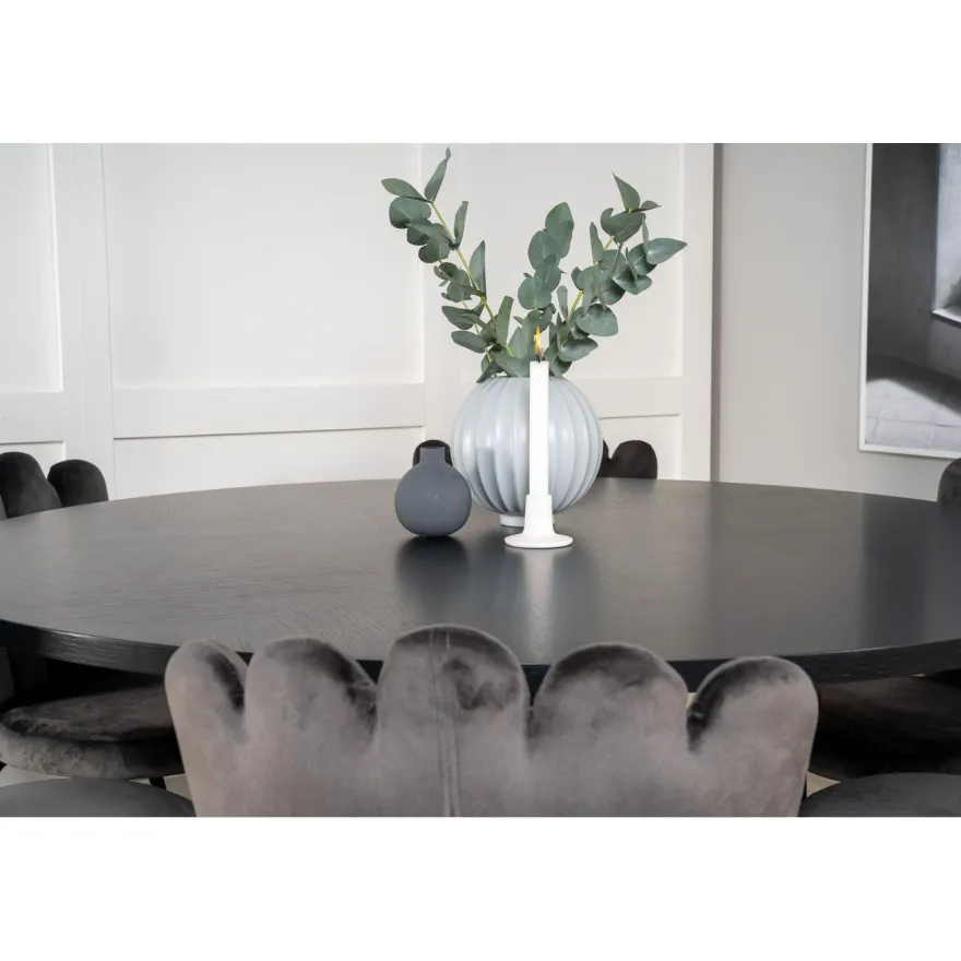 Ruokailuryhmä Venture Home, ⌀140cm Copenhagen-pöytä + 6 harmaata Limhamn-tuolia, sametti