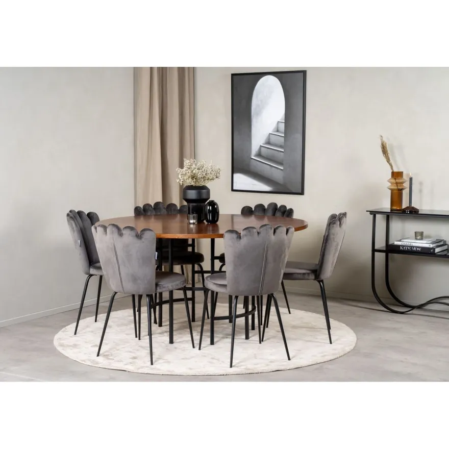 Ruokailuryhmä Venture Home, ⌀140cm Copenhagen-pöytä + 6 harmaata Limhamn-tuolia, sametti