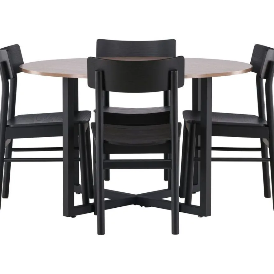 Ruokailuryhmä Venture Home, ⌀120cm Durango-pöytä + 4 mustaa Montros-tuolia