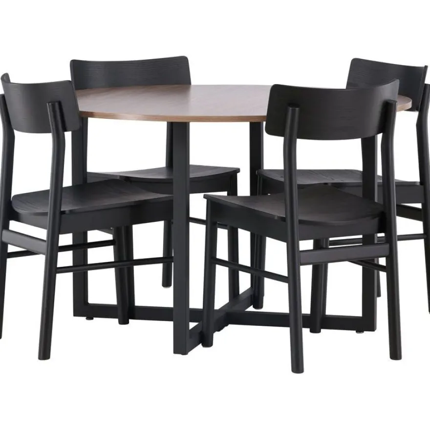 Ruokailuryhmä Venture Home, ⌀120cm Durango-pöytä + 4 mustaa Montros-tuolia