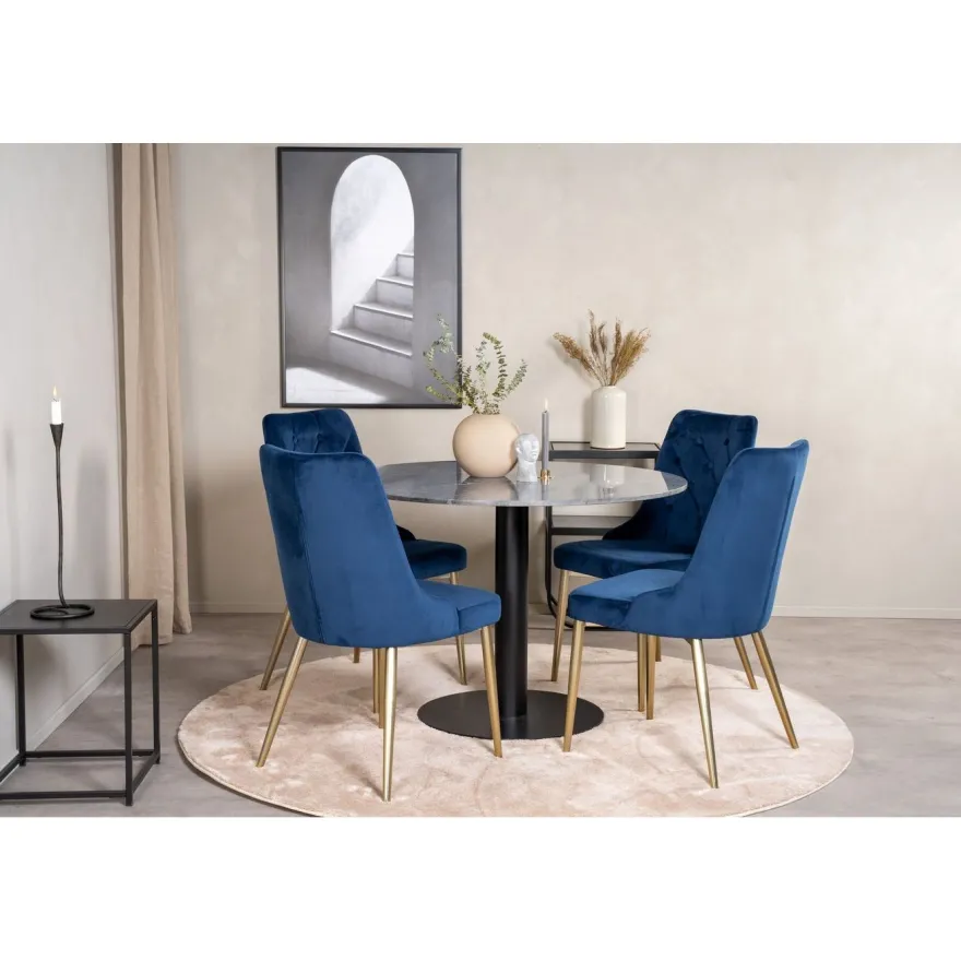 Ruokailuryhmä Venture Home, ø106cm harmaa/musta Estelle-pöytä + 4 sinistä Velvet Deluxe -tuolia, sametti