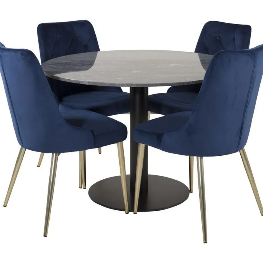 Ruokailuryhmä Venture Home, ø106cm harmaa/musta Estelle-pöytä + 4 sinistä Velvet Deluxe -tuolia, sametti