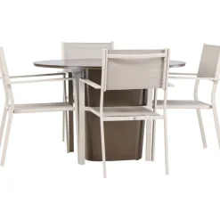 Ruokailuryhmä Venture Home, ø120cm harmaanruskea Santa Fe -pöytä + 4 beigeä, pinottavaa Copacabana-tuolia