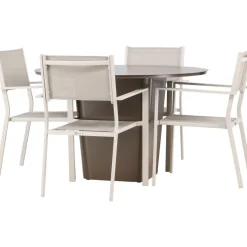 Ruokailuryhmä Venture Home, ø120cm harmaanruskea Santa Fe -pöytä + 4 beigeä, pinottavaa Copacabana-tuolia