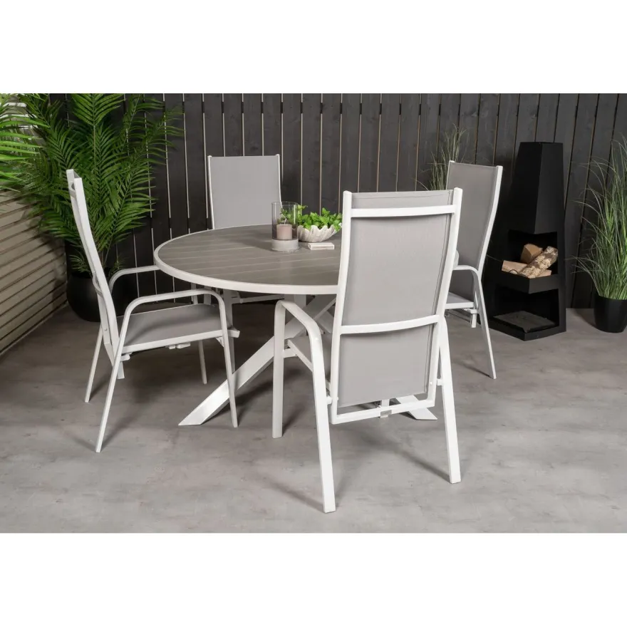 Ruokailuryhmä Venture Home, ø140cm, harmaa/valkoinen Parma-pöytä + 6 harmaa/valkoista Copacabana-säätötuolia