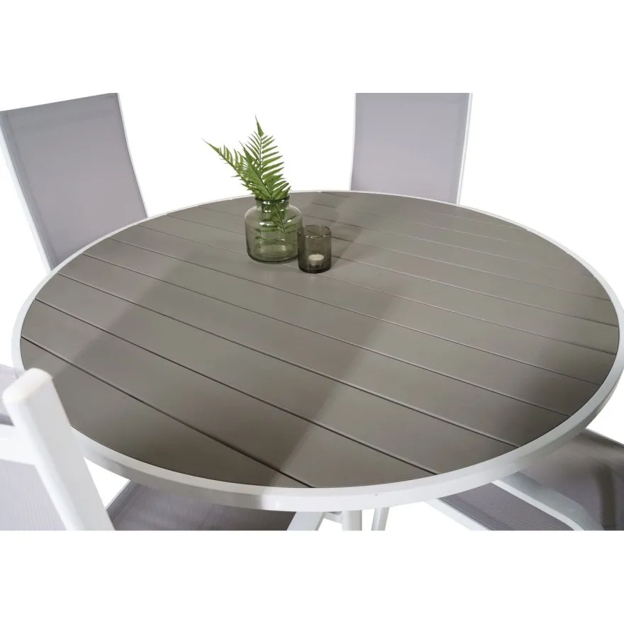 Ruokailuryhmä Venture Home, ø140cm, harmaa/valkoinen Parma-pöytä + 6 harmaa/valkoista Copacabana-säätötuolia