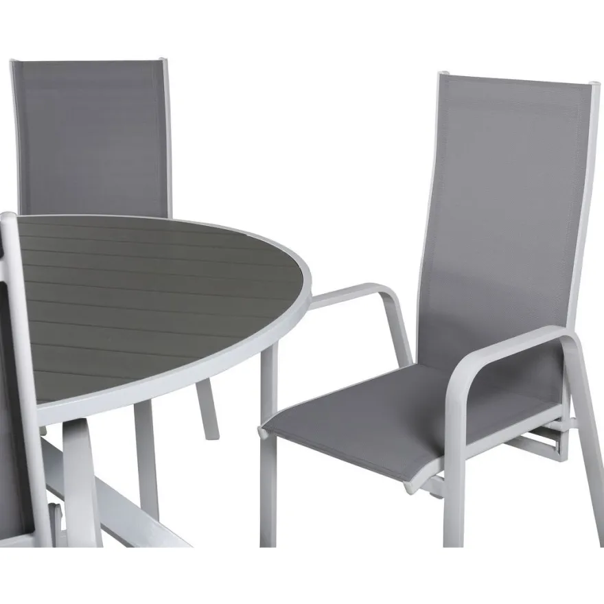 Ruokailuryhmä Venture Home, ø140cm, harmaa/valkoinen Parma-pöytä + 6 harmaa/valkoista Copacabana-säätötuolia