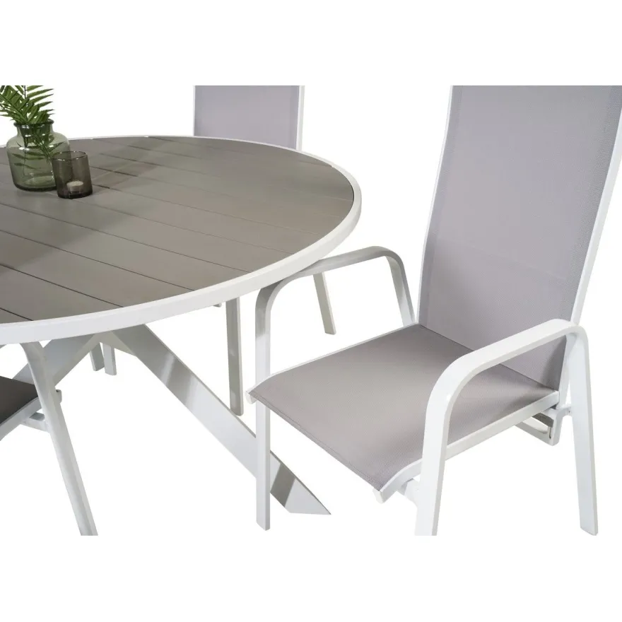 Ruokailuryhmä Venture Home, ø140cm, harmaa/valkoinen Parma-pöytä + 6 harmaa/valkoista Copacabana-säätötuolia