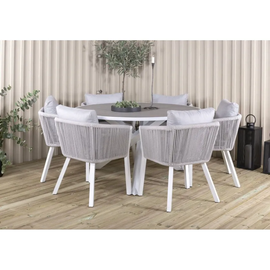 Ruokailuryhmä Venture Home, ø140cm, harmaa/valkoinen Parma-pöytä + 6 harmaa/valkoista Virya-tuolia