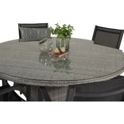 Ruokailuryhmä Venture Home, ø150cm harmaa Volta-pöytä + 6 mustaa, pinottavaa Copacabana-tuolia