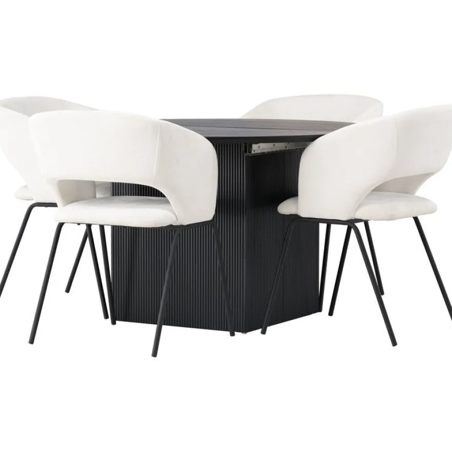 Ruokailuryhmä Venture Home, ⌀130cm, jatkettava Matilda-pöytä + 4 valkoista Day-tuolia