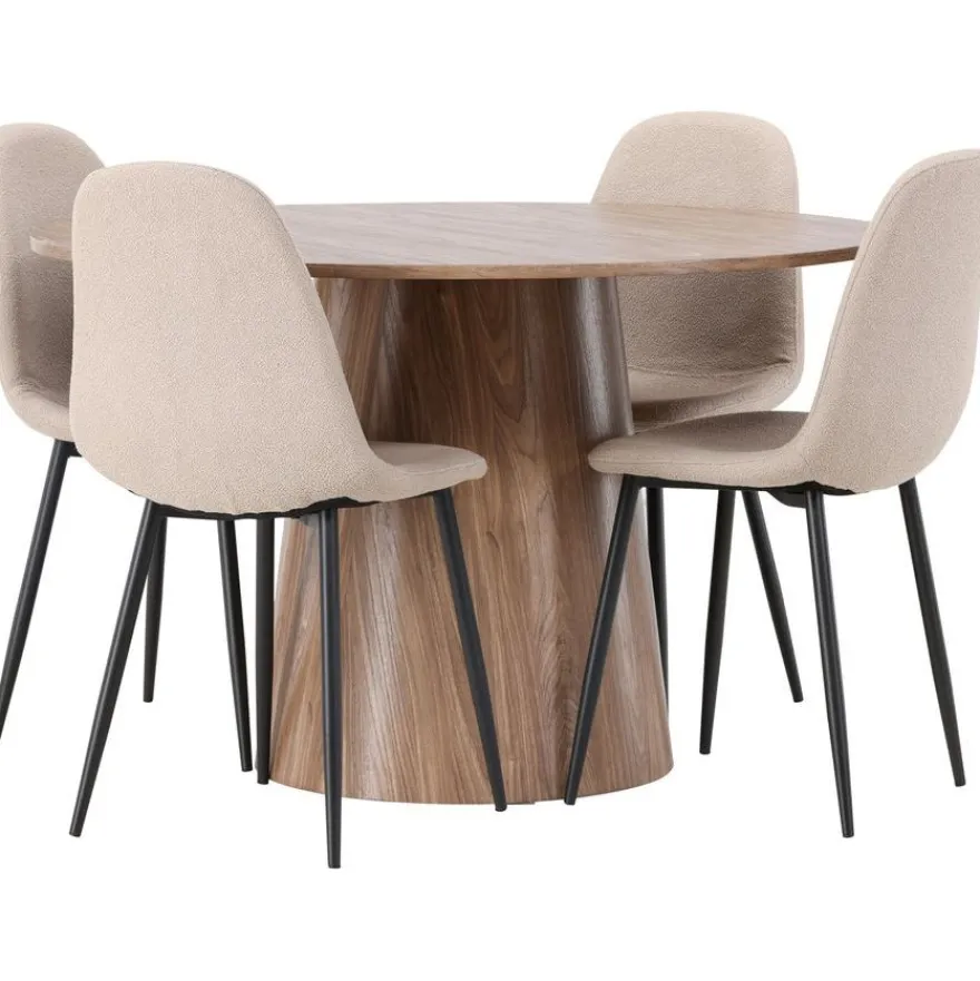 Ruokailuryhmä Venture Home, ⌀120cm Lanzo-pöytä + 4 beigeä Polar-tuolia, bouclé