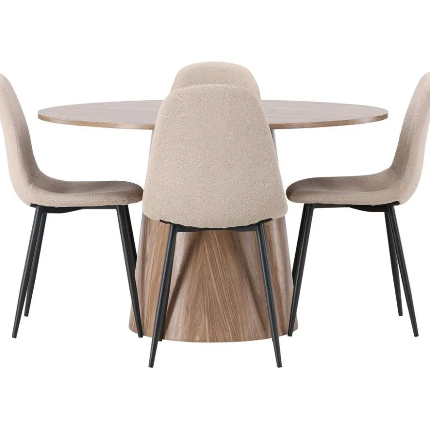 Ruokailuryhmä Venture Home, ⌀120cm Lanzo-pöytä + 4 beigeä Polar-tuolia, bouclé