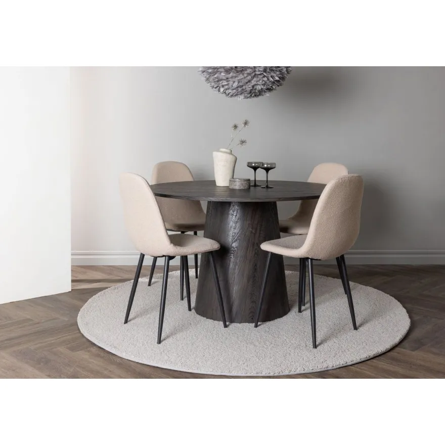 Ruokailuryhmä Venture Home, ⌀120cm Lanzo-pöytä + 4 beigeä Polar-tuolia, bouclé