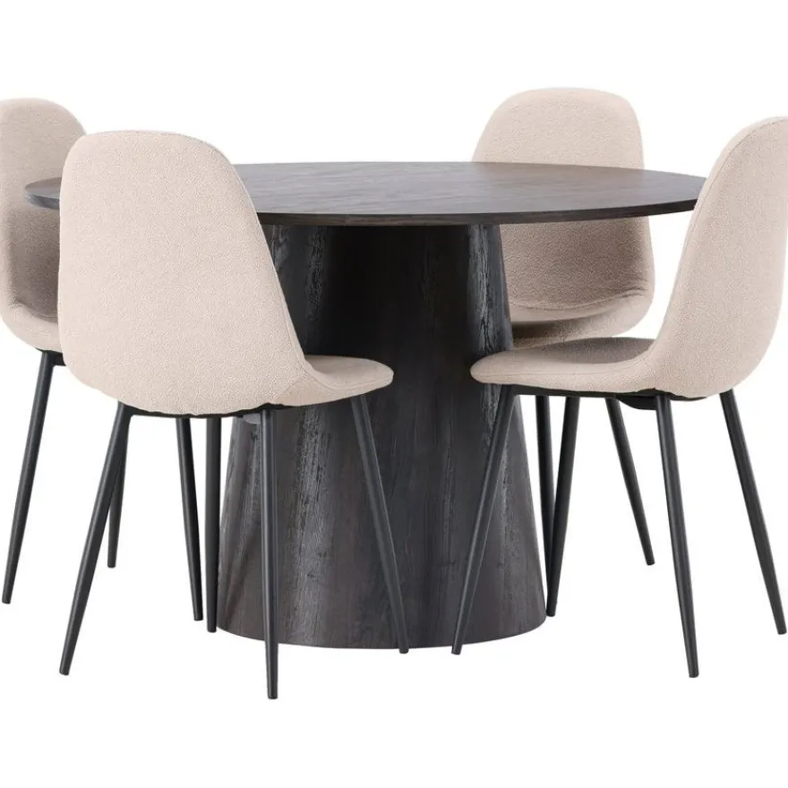 Ruokailuryhmä Venture Home, ⌀120cm Lanzo-pöytä + 4 beigeä Polar-tuolia, bouclé