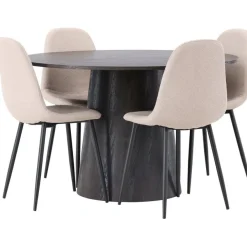 Ruokailuryhmä Venture Home, ⌀120cm Lanzo-pöytä + 4 beigeä Polar-tuolia, bouclé