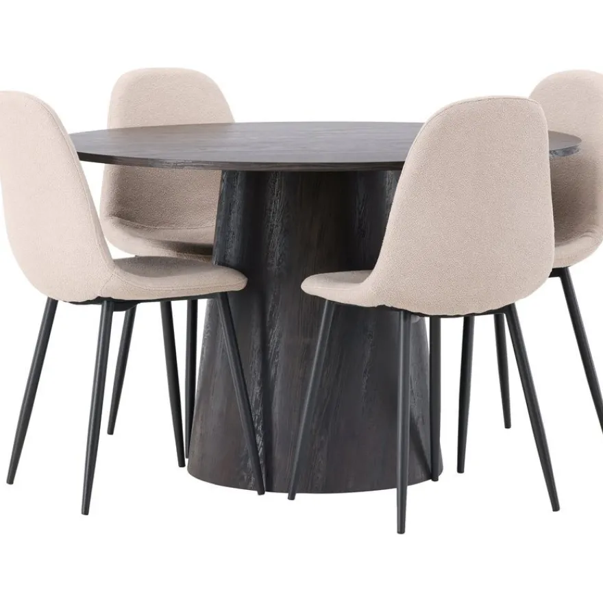 Ruokailuryhmä Venture Home, ⌀120cm Lanzo-pöytä + 4 beigeä Polar-tuolia, bouclé