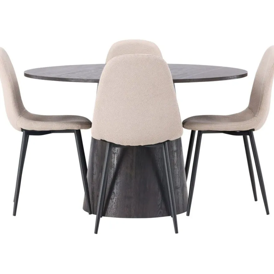 Ruokailuryhmä Venture Home, ⌀120cm Lanzo-pöytä + 4 beigeä Polar-tuolia, bouclé