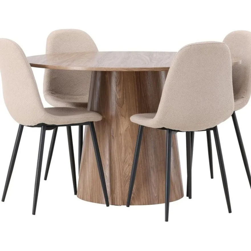 Ruokailuryhmä Venture Home, ⌀120cm Lanzo-pöytä + 4 beigeä Polar-tuolia, bouclé