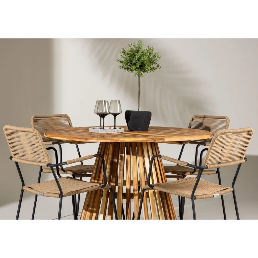 Ruokailuryhmä Venture Home, ø120cm Lumpur-pöytä + 4 Lindos-tuolia, käsinojilla