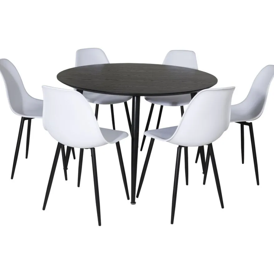 Ruokailuryhmä Venture Home, ⌀115cm musta Dipp-pöytä + 6 valkoista Polar Plastic -tuolia