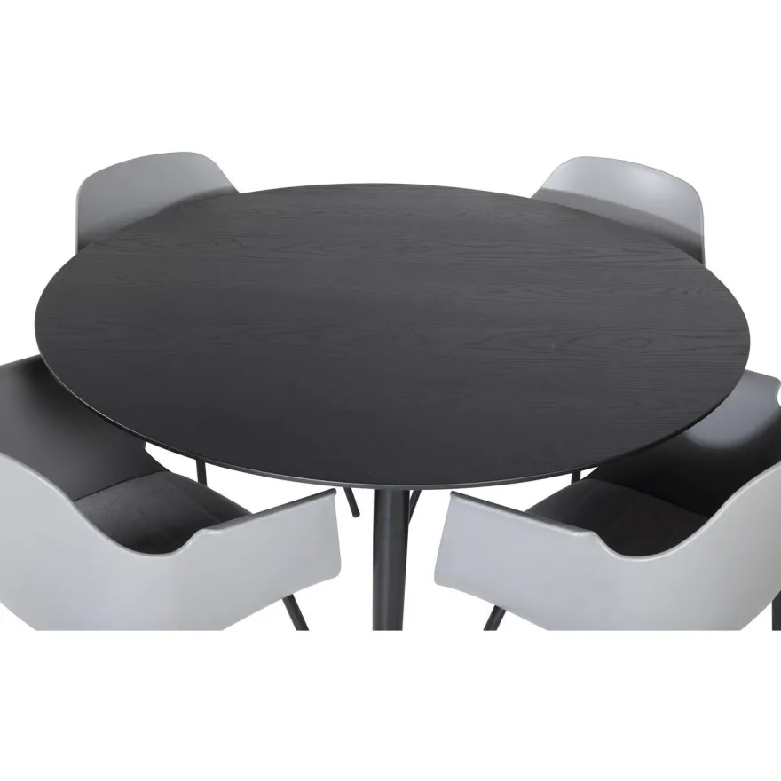 Ruokailuryhmä Venture Home, ⌀115cm musta Dipp-ruokapöytä + 4 harmaata Comfort-tuolia