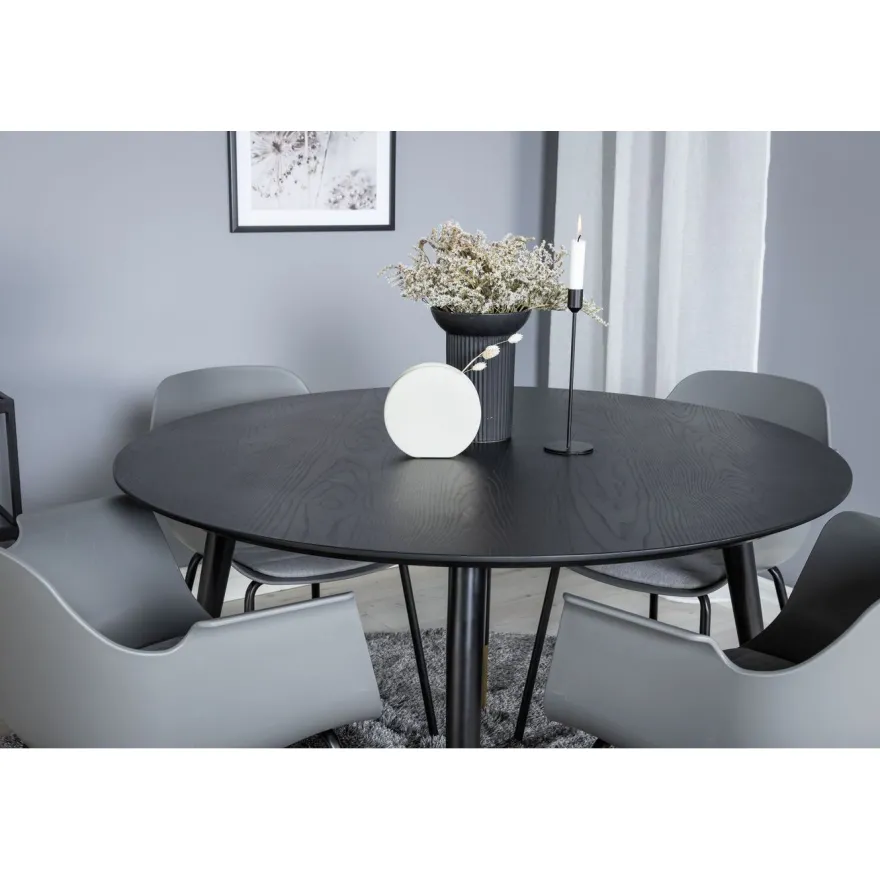 Ruokailuryhmä Venture Home, ⌀115cm musta Dipp-ruokapöytä + 4 harmaata Comfort-tuolia
