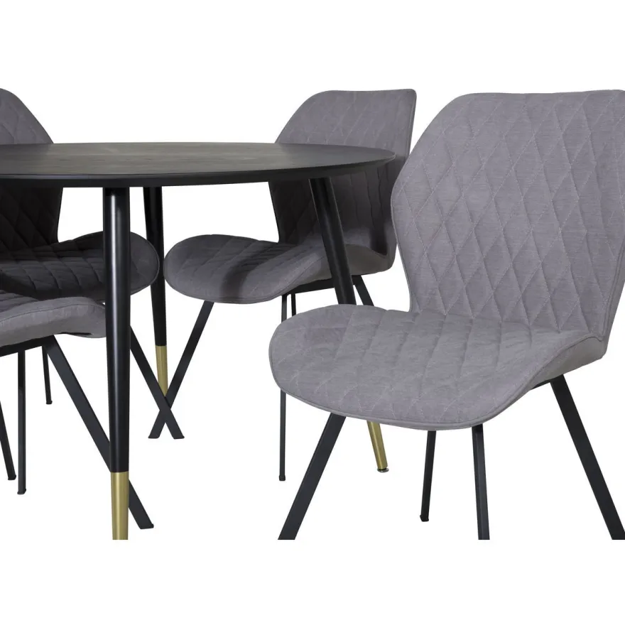 Ruokailuryhmä Venture Home, ⌀115cm musta Dipp-ruokapöytä + 4 harmaata Gemma-tuolia