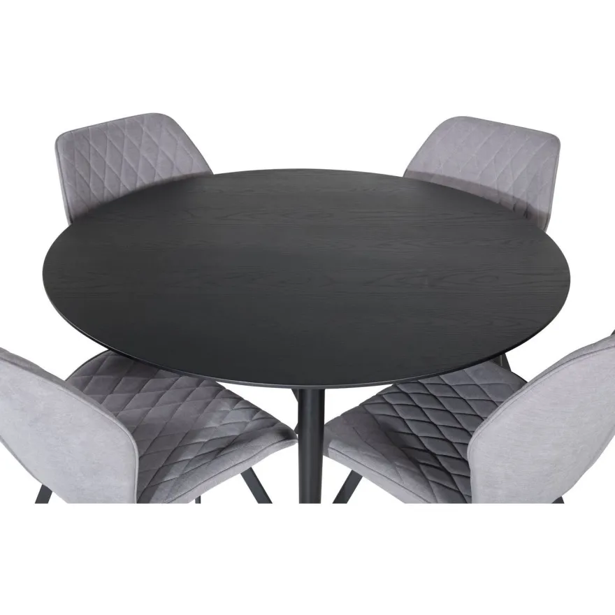 Ruokailuryhmä Venture Home, ⌀115cm musta Dipp-ruokapöytä + 4 harmaata Gemma-tuolia