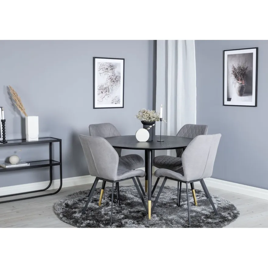 Ruokailuryhmä Venture Home, ⌀115cm musta Dipp-ruokapöytä + 4 harmaata Gemma-tuolia