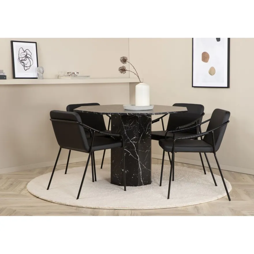 Ruokailuryhmä Venture Home, ⌀110cm musta Marbs-pöytä + 4 mustaa Tvist-tuolia
