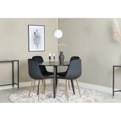 Ruokailuryhmä Venture Home, ⌀100cm musta Plaza-pöytä + 4 mustaa Polar-tuolia