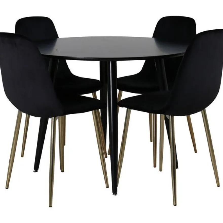 Ruokailuryhmä Venture Home, ⌀100cm musta Plaza-pöytä + 4 mustaa Polar-tuolia